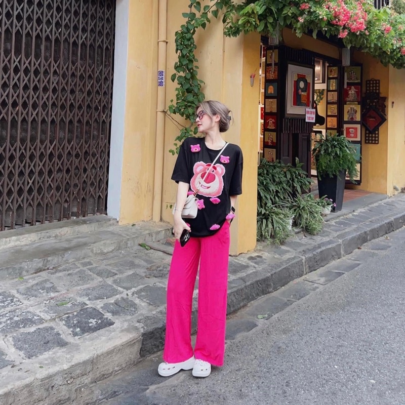 Set áo cotton gấu thêu quần suông đính gấu hình thật