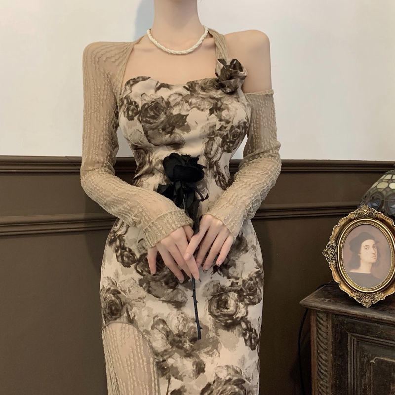 Đầm Hoa Hai Mảnh Tay Dài Hở Vai Phong Cách Pháp Thời Trang Mùa Thu Cho Nữ 15 Ngày