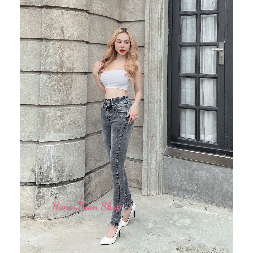 Quần Jean Dài Nữ Lưng Cao Co Giãn 2 Nút Mẫu Trơn Màu Xám Ảnh Mẫu Chụp Thật