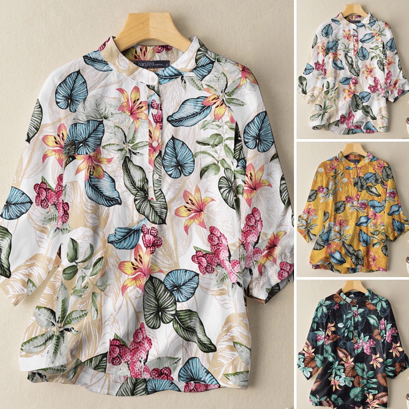 Áo kiểu ZANZEA cổ đứng in họa tiết cây lá nhiệt đới phong cách retro thời trang dành cho nữ