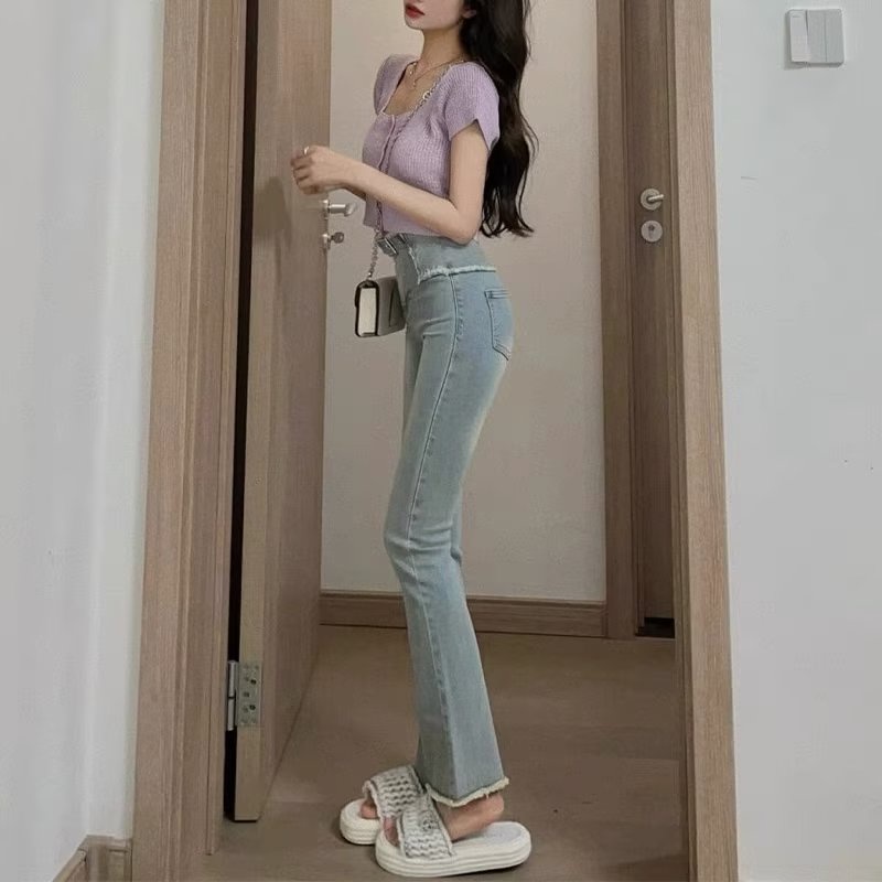 Thiết Kế Quần Jean Lưng Cao Mỏng Màu Xanh Nhạt Mỏng Nhẹ Mở Rộng Phong Cách Mới Dành Cho Bạn Nữ