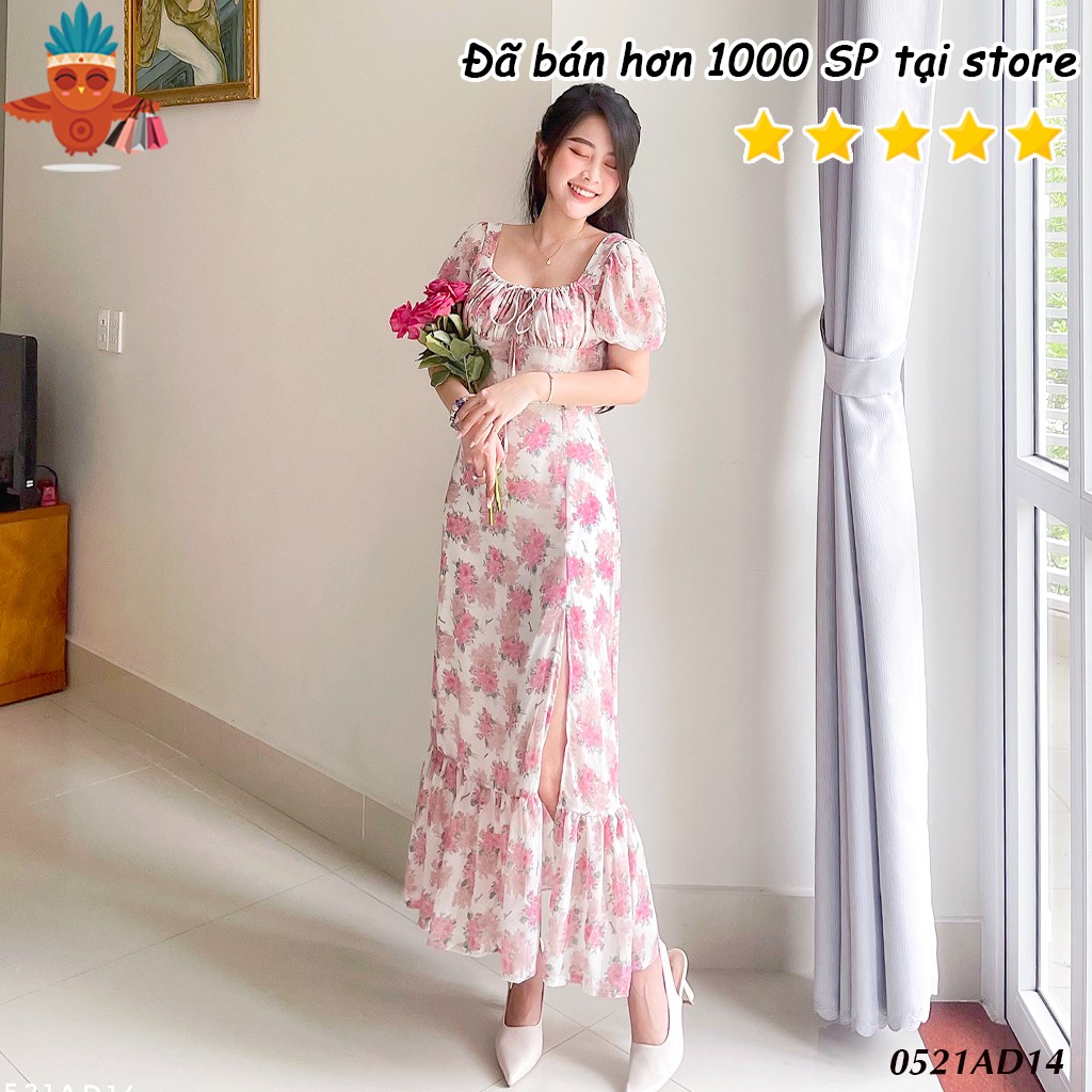Đầm hoa kiểu rút xẻ lai nơ kem THOCA HOUSE dáng dài nữ tính, dịu dàng cho nàng