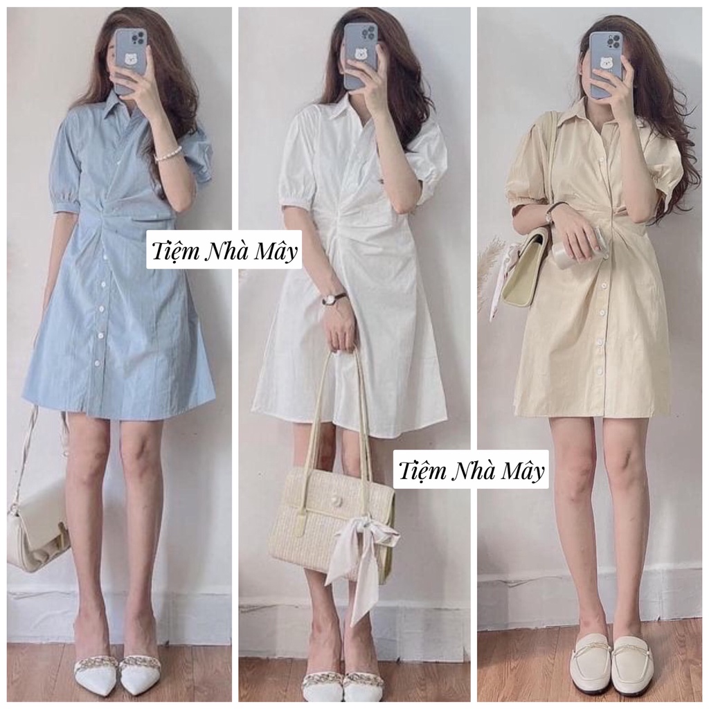 Váy Sơ Mi Nhún Eo Chất Đẹp, Đầm Sơmi Công Sở Sẵn 3 Màu Siêu Xinh V109