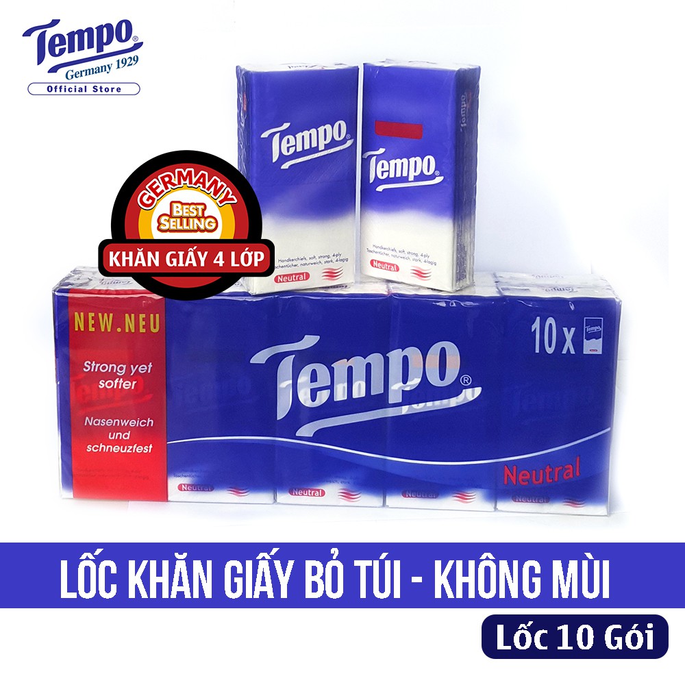 Lốc 10 Gói Khăn Giấy Bỏ Túi Tempo Không Mùi - 8 Tờ/Gói