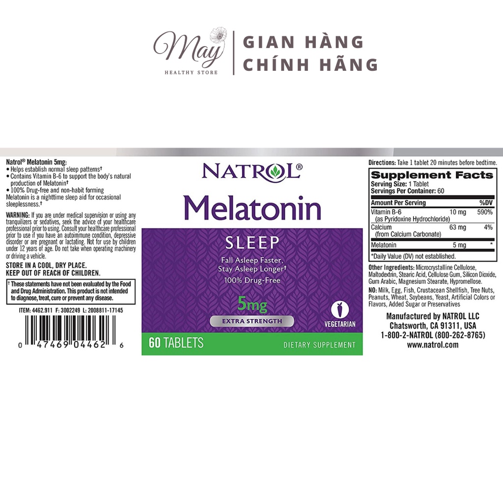 Viên Uống Hỗ Trợ Ngủ Ngon Melatonin Sleep 5mg Natrol (Lọ 60 Viên)