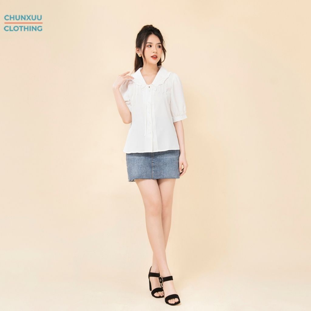 Áo sơ mi trắng nữ tay lỡ dáng ôm Chunxuu thiết kế cổ áo bèo nơ dây nhẹ nhàng thanh lịch - SP41