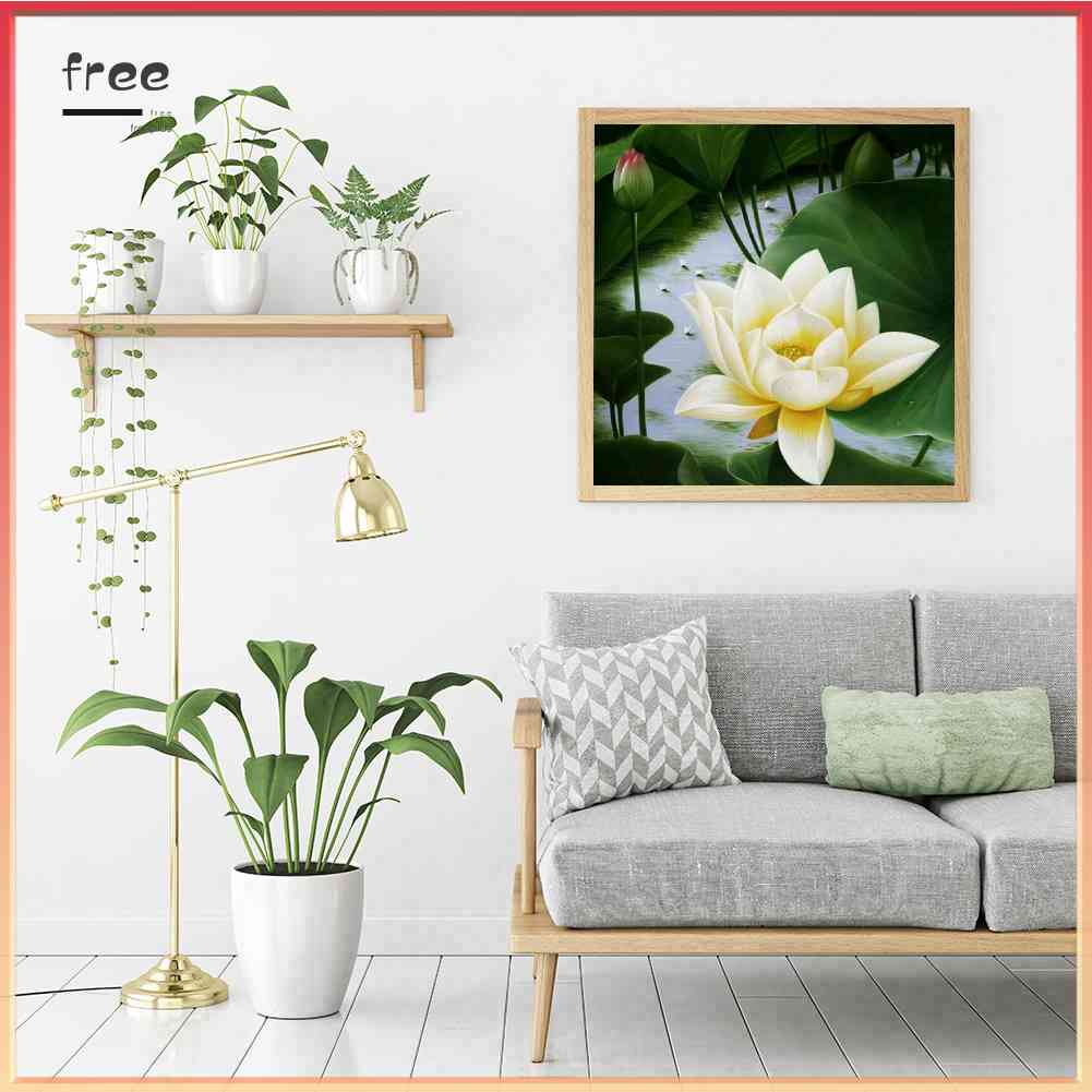 Tranh Đính Đá Kim Cương Toàn Bộ 5D DIY Hình Vẽ Hoa Sen Trắng