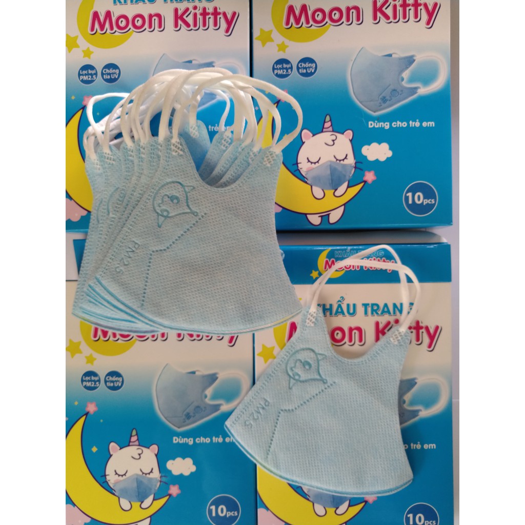 Khẩu Trang 3D Trẻ Em 4 lớp kháng khuẩn cao cấp. Hộp 10 Chiếc. Thời trang công nghệ Nhật bản. 3D Mask Kids. Moon Kitty