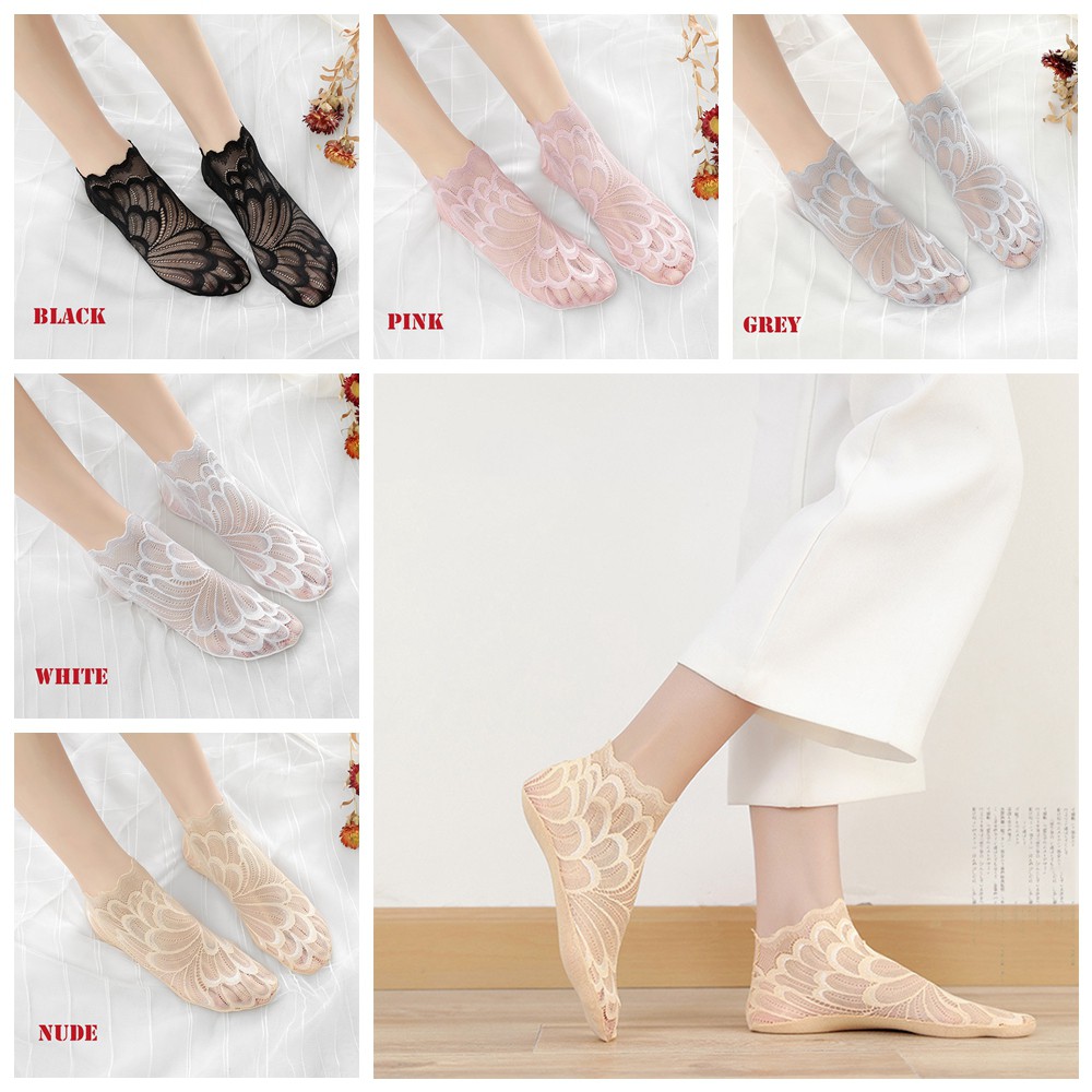 Vớ Cotton Cổ Thấp Tàng Hình Phối Ren Chống Trượt Nhiều Màu Thời Trang Mùa Hè Cho Nữ