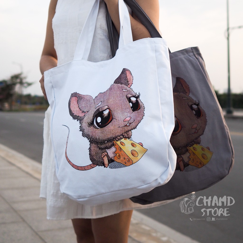 Túi Tote Chuột yêu Cheese vải bố canvas mẫu Canh Tý 2020 đeo chéo siêu đẹp [Hình thật shop tự chụp]