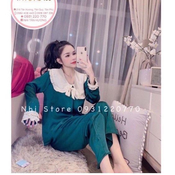 Set bộ đồ tiểu thư cổ viền bèo nơ trước, cổ sen chữ ký tay dài quần dài vải lụa mềm mịn-Thu Thảo Shop.