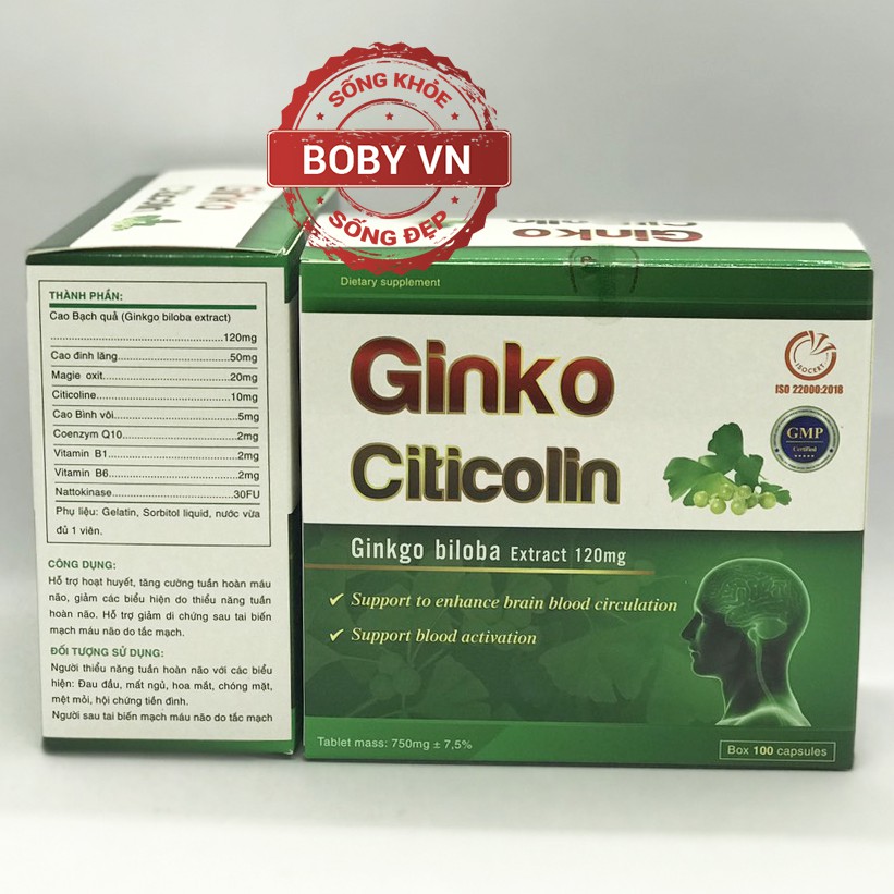 Ginko Citicolin - Ginkgo biloba extract 120mg - Tăng cường tuần hoàn máu não, hỗ trợ hoạt huyết (Hộp 100 viên)