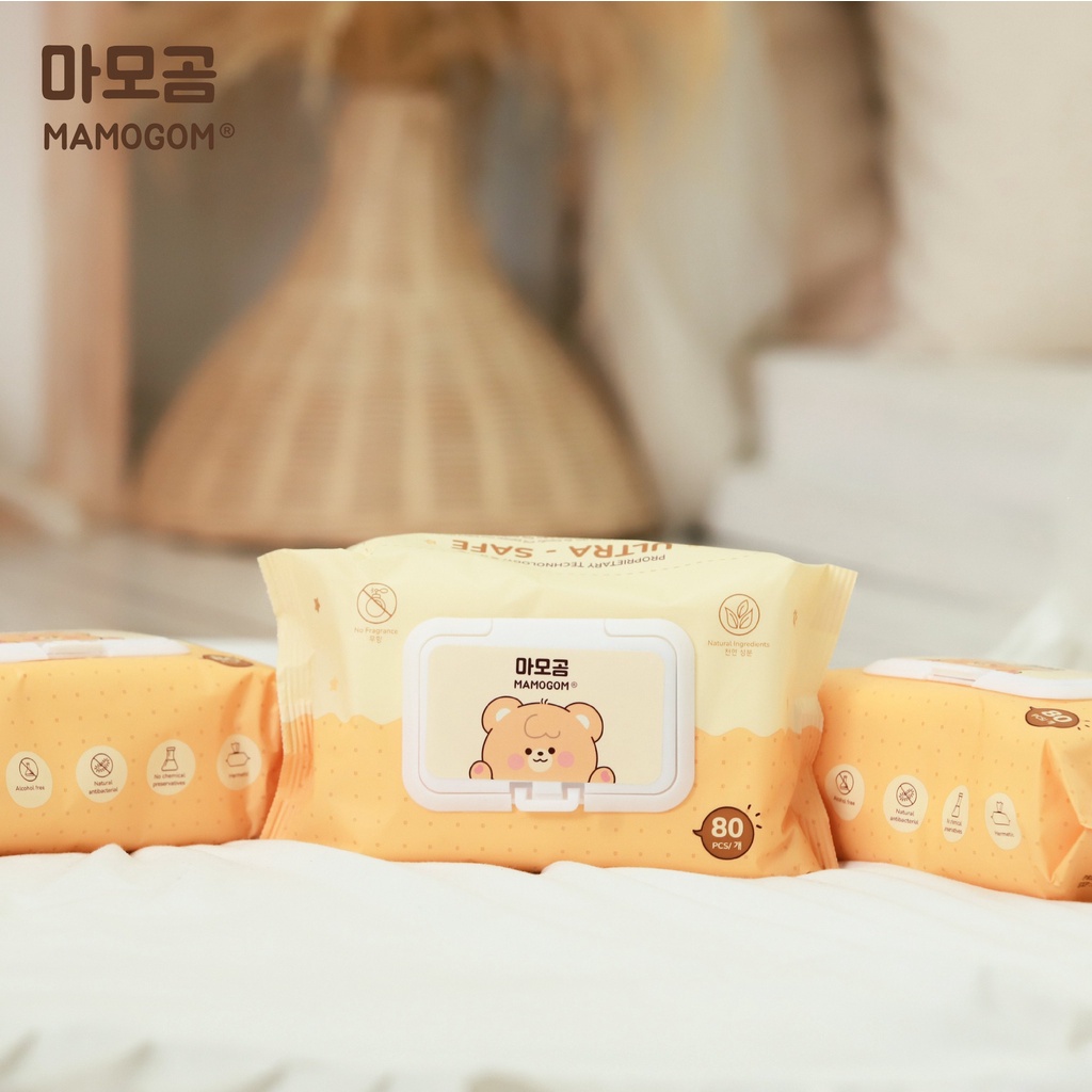 Khăn ướt Mamogom nhập khẩu Hàn Quốc 100% sợi giấy organic cotton mềm mịn không cồn an toàn cho da bé bịch 80 tờ