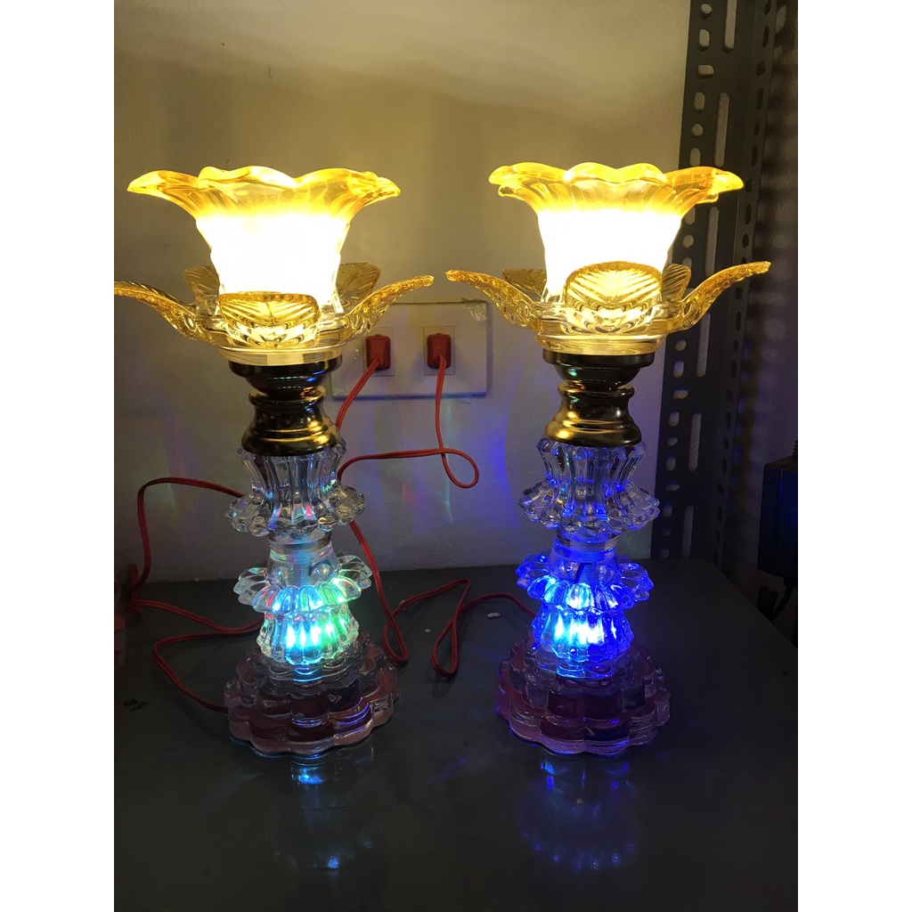 1 đôi Đèn thờ cúng pha lê, Đèn trang trí bàn thờ LED hoa sen 1 bông cao 40cm
