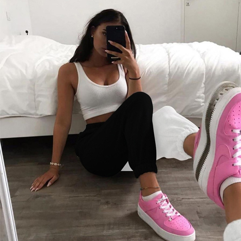 Quần Jogger Baggy Lưng Cao Dáng Rộng Co Giãn Phối Màu Cá Tính Cho Nữ