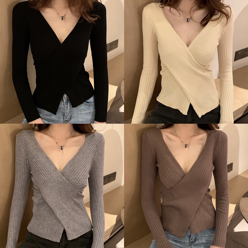 Áo dệt kim cổ chữ V dáng ôm thời trang quyến rũ cho nữ