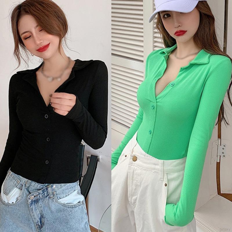 Áo Thun Tay Dài Cổ Chữ V Màu Trơn Phong Cách Hàn Quốc