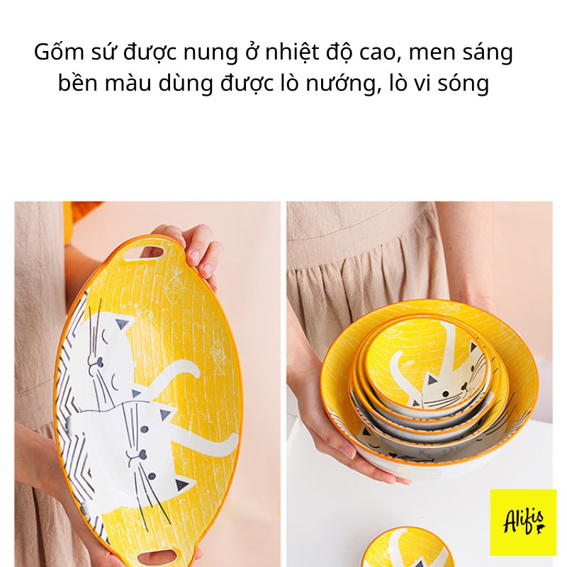 Bộ bát đĩa, bộ chén bát họa tiết mèo vàng dễ thương cho 1-2 người – phụ kiện bàn ăn và quà tặng