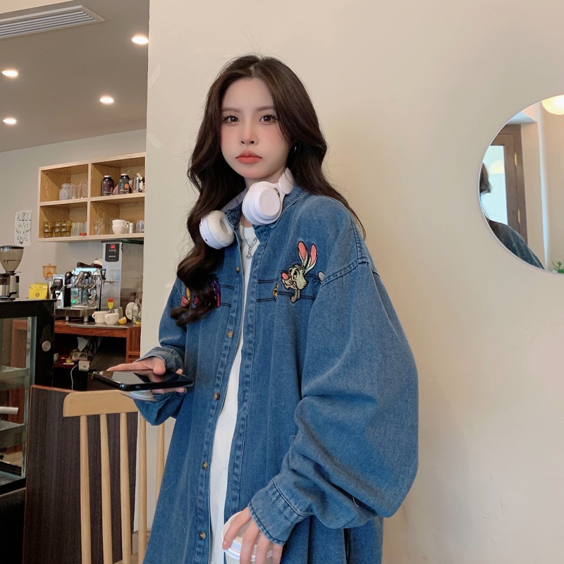 ZHELIHANGFEI Áo Sơ Mi Denim Họa Tiết Thêu Theo Phong Cách Retro Mỹ Dễ Phối Đồ