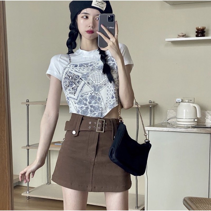 [Mã SKAMSALE06 giảm 10% tối đa 100K đơn 150K] Set croptop thổ cẩm nơ lưng kèm áo thun trắng