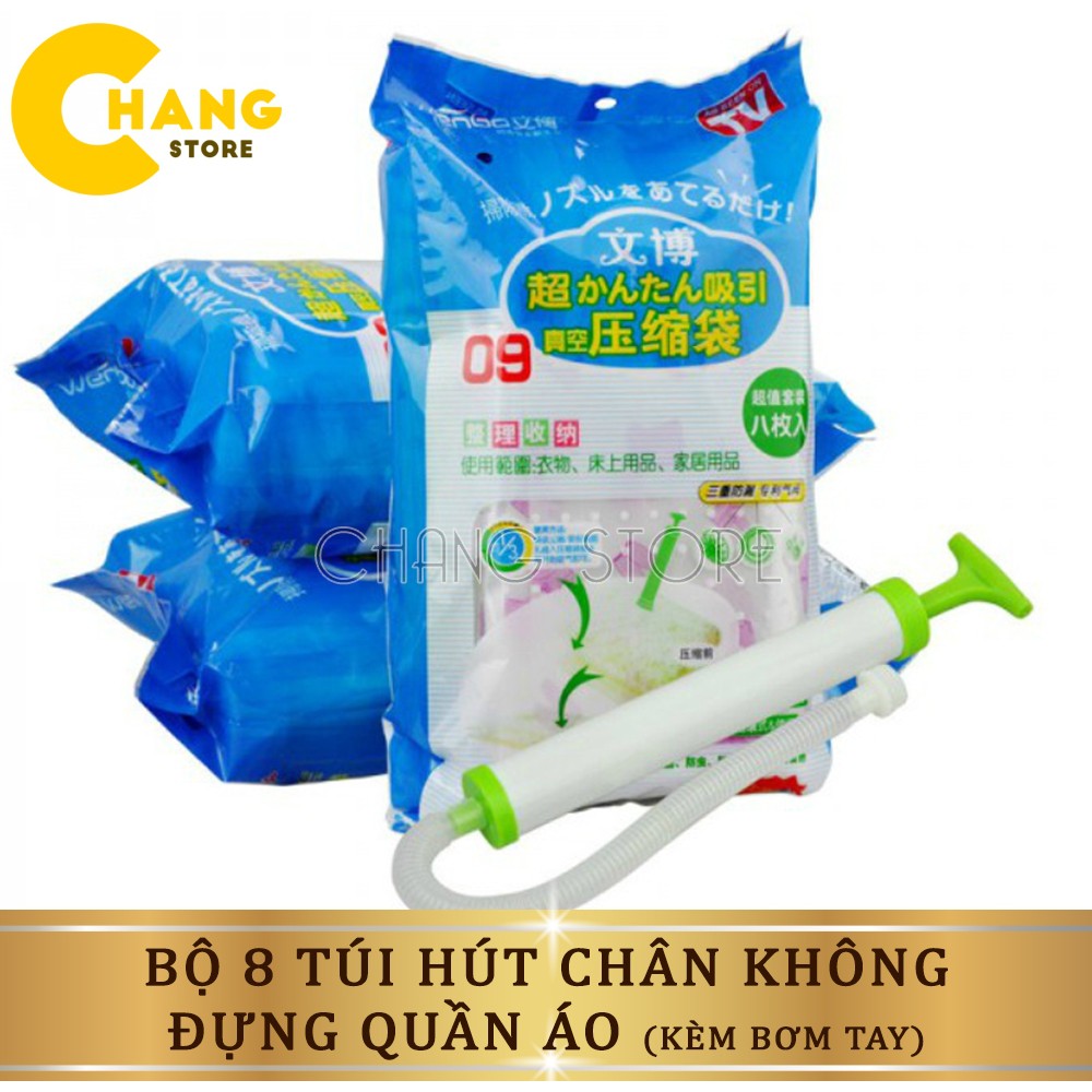 Bộ 8 Túi Hút Chân Không Đựng Quần Áo, Chăn Màn Kèm Bơm Cao Cấp