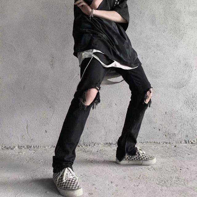 Quần skinny đen rách gối có zipper phong cách FOG, Jerry Lorenzo, Justin Biebier