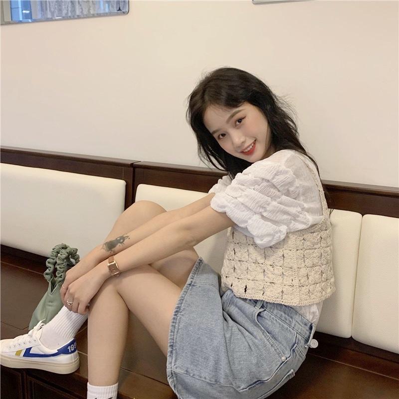 VN767 JinYi Áo hai dây nữ len đan móc croptop hai màu trắng kem đi chơi đi biển đi du lịch chất đẹp dễ phối đồ