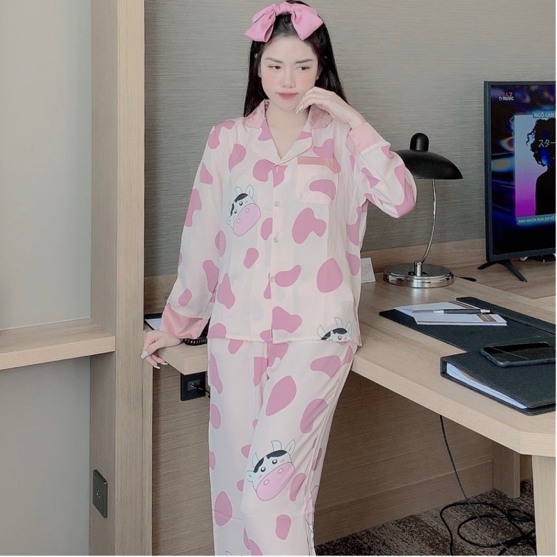 Đồ bộ Pijama lụa satin cao cấp mềm mịn, thoáng mát, dài tay kiểu dáng tiểu thư cực kì đáng yêu