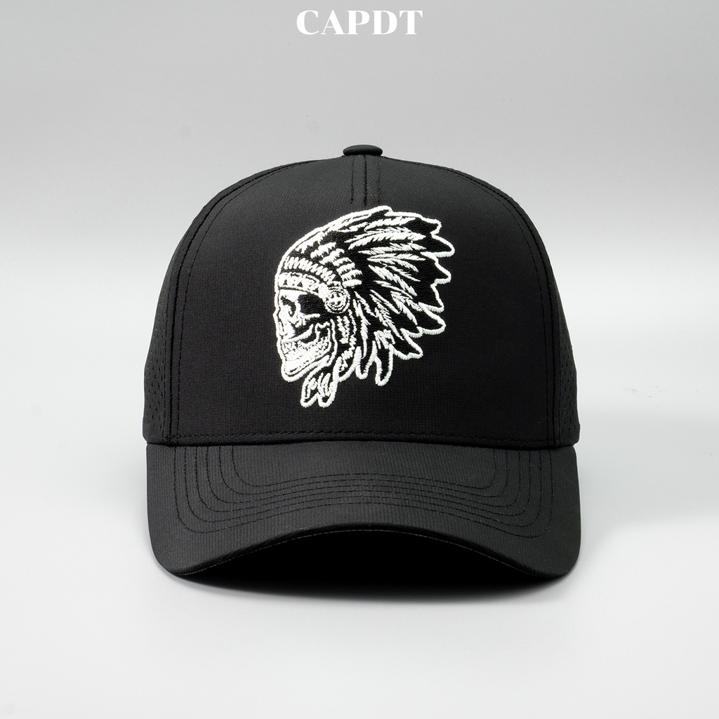 Mũ lưỡi trai chính hãng CAPDT, nón nam nữ unisex trucker thêu logo đầu lâu thổ dân màu đen DT07