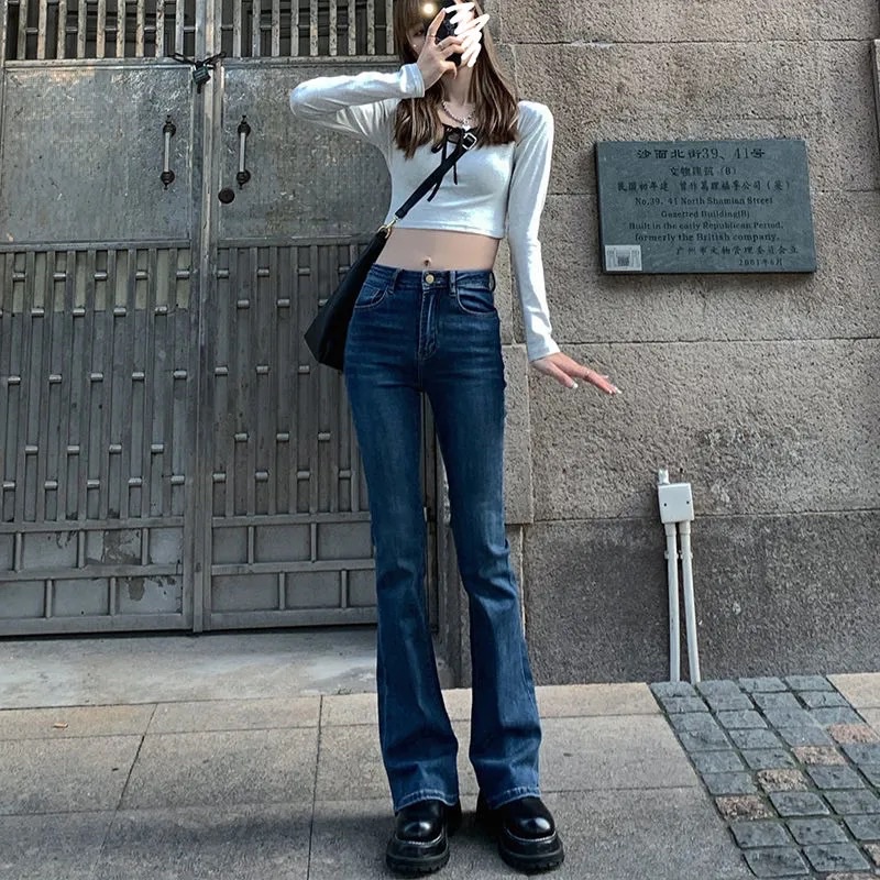 Quần Jeans Nữ Ống Loe Màu Xanh Đen Nâu Cạp Cao Chất Jean Kaki Loại 1 Co Dãn Đàn Hồi Cá Tính Phong Cách Retro