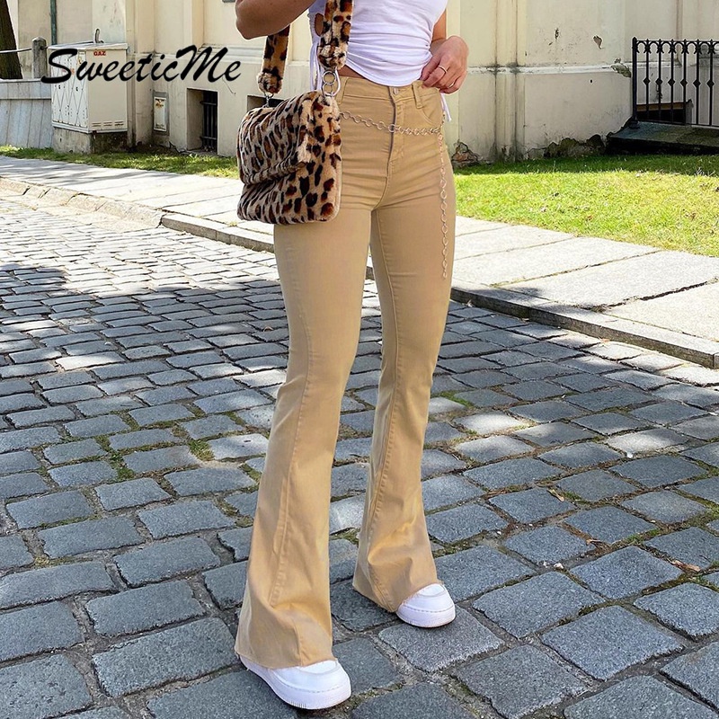 Quần Jean Nữ Lưng Cao Ống Loe Form Ôm Thời Trang Đường Phố Retro   Cho Nữ