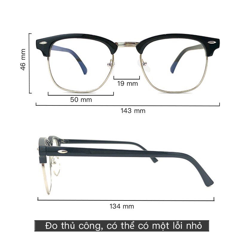 Kính mát giả cận, gọng kính nam nữ form nửa gọng clubmaster chống nắng ánh sáng xanh bảo vệ mắt GCRB