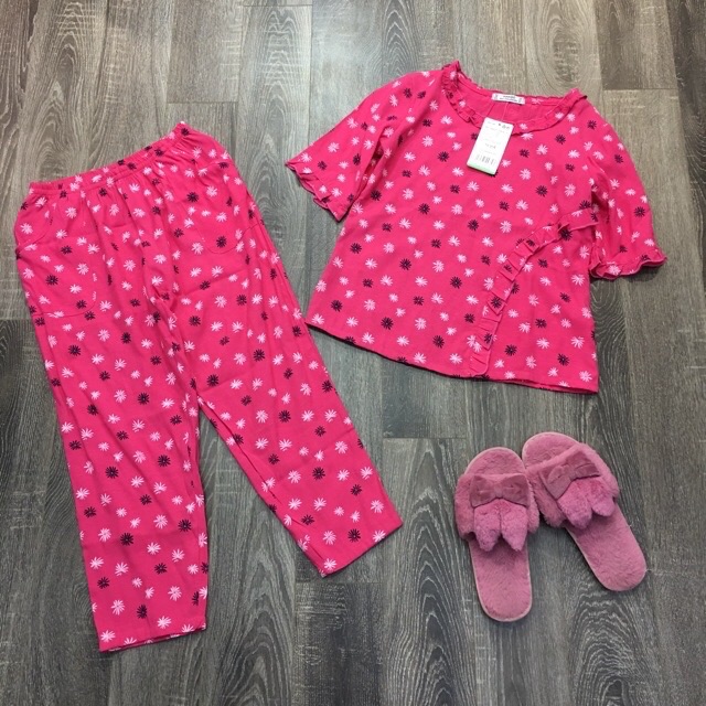 XẢ KHO- Bộ mặc nhà quần lỡ hoạ tiết chất thô đũi