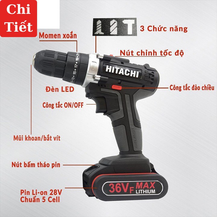 [HÀNG MỚI VỀ] Máy Khoan Pin Hitachi 36V 3 chức năng - Khoan Bê Tông, Bắt Vít Tặng bộ phụ kiện 21 chi tiết cao cấp