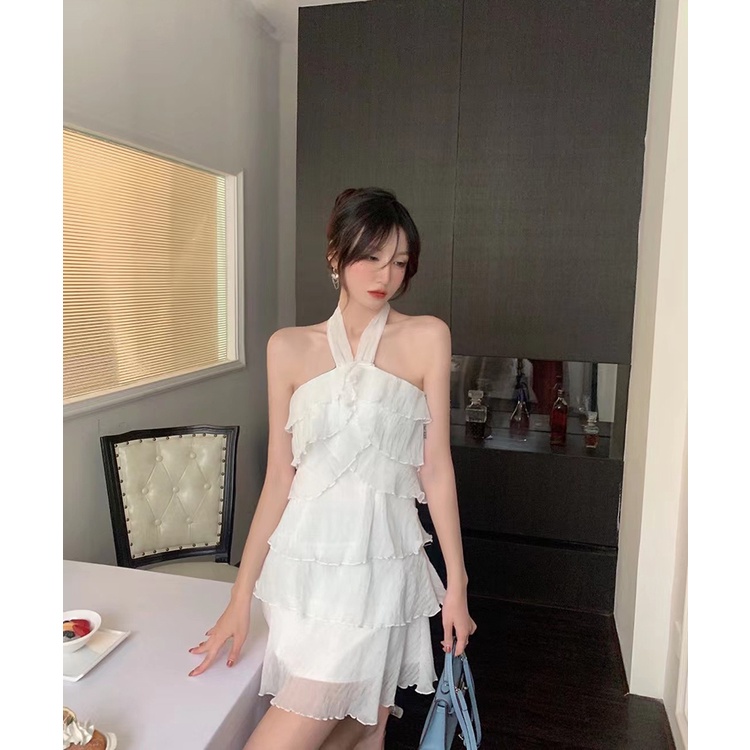 Đầm ngắn IELGY hở lưng không tay diềm xếp nếp phong cách mùa hè cho nữ