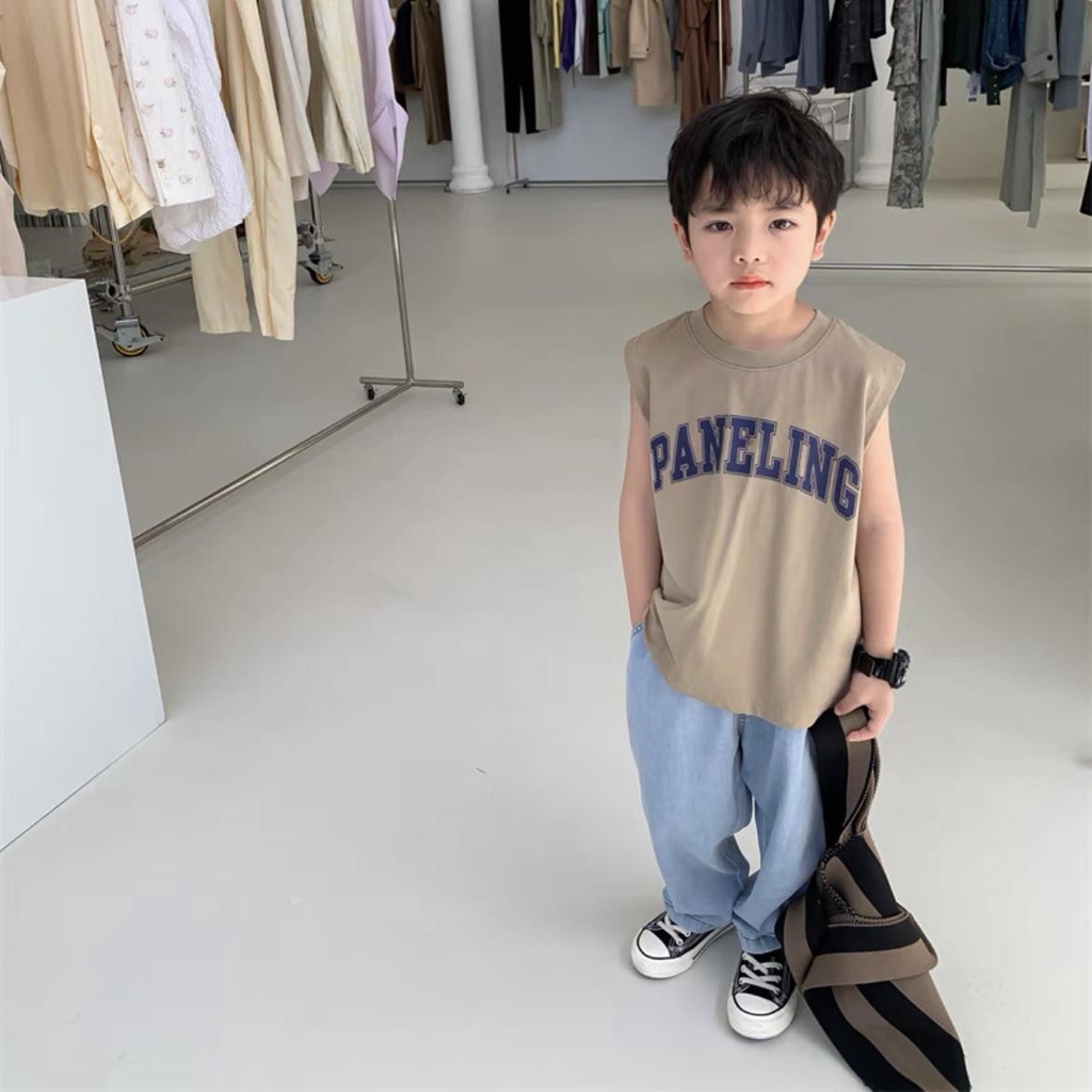 [Babycat] Hàng Có Sẵn Áo Thun Cotton Sát Nách Màu Trơn In Chữ Phong Cách Hàn Quốc Nhật Bản Dễ Thương Thời Trang Mùa Hè Cho Bé Trai