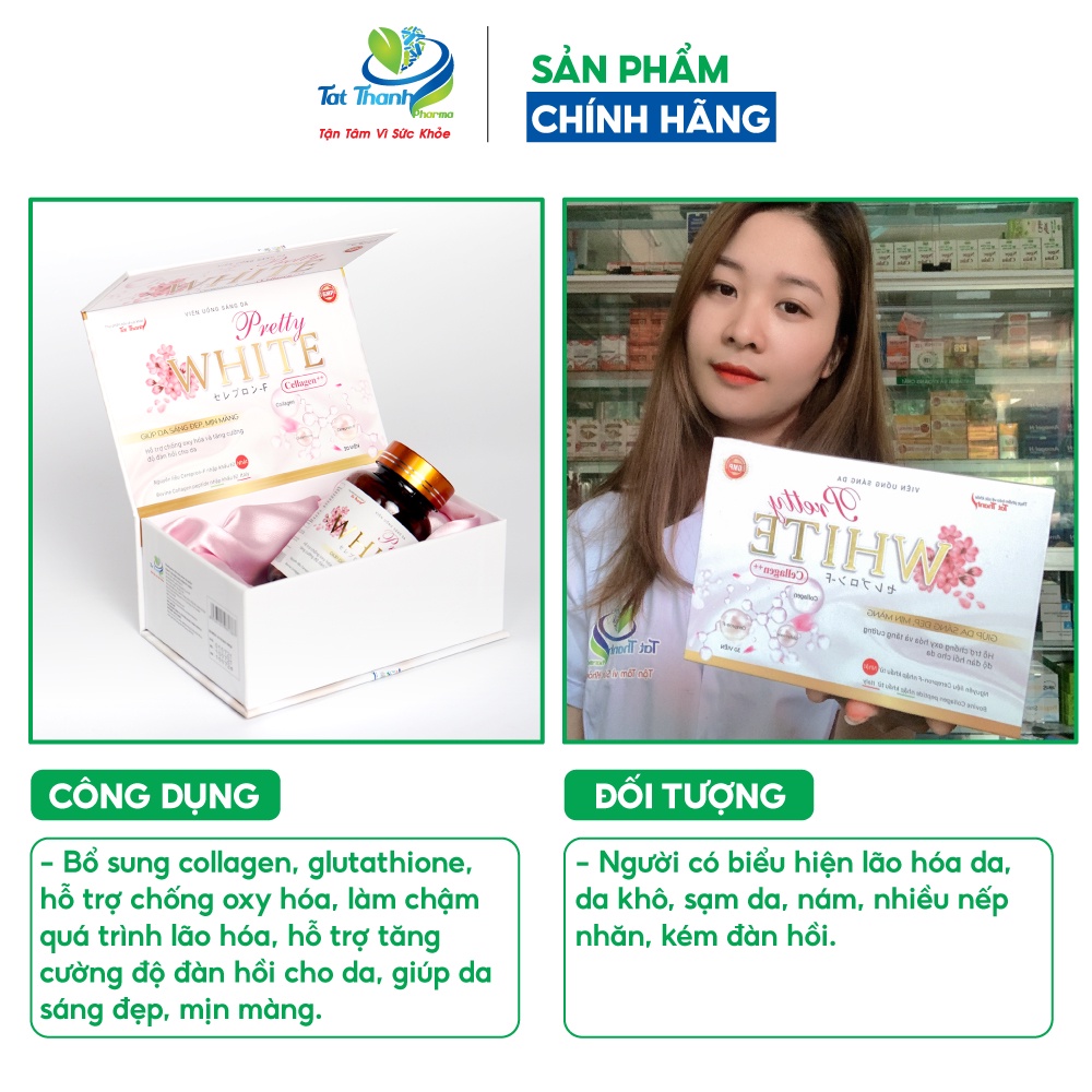 Viên uống sáng da Pretty White Cellagen ++ Tất Thành Pharma bổ sung collagen chống oxy hóa hộp 30 viên
