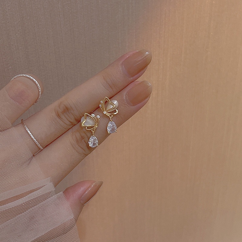 Bông Tai Mạ Bạc 925 Hình Giọt Nước/Bướm Đính Đá Đơn Giản Thời Trang Hàn Quốc