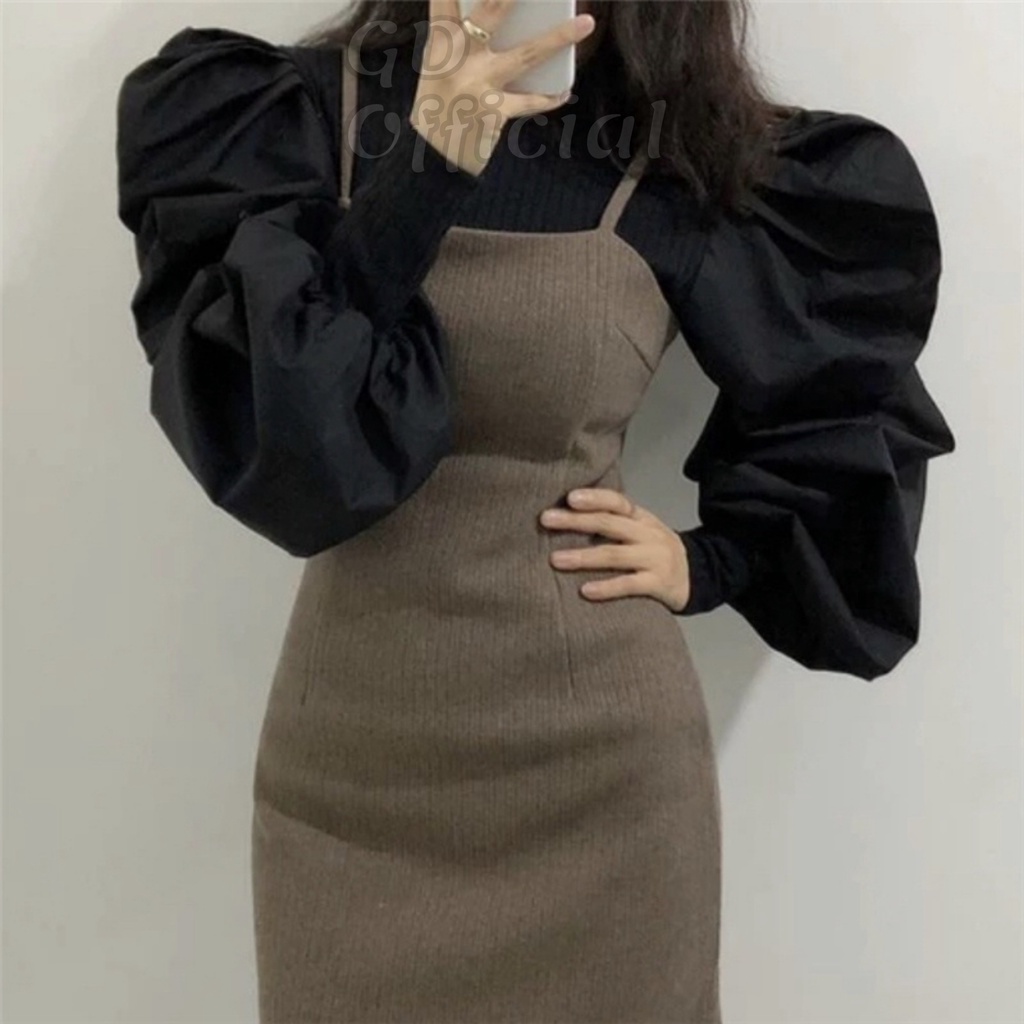A44|Áo sơ mi thun công sở dài tay rộng khí chất sang trọng nữ cổ tròn tay phồng xếp lớp giản dị trắng đen GD Official