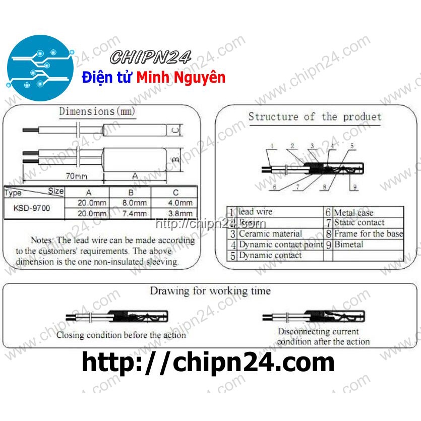 [1 CÁI] Cầu Chì Nhiệt KSD9700 Thường Mở 135 Độ 5A 250VAC