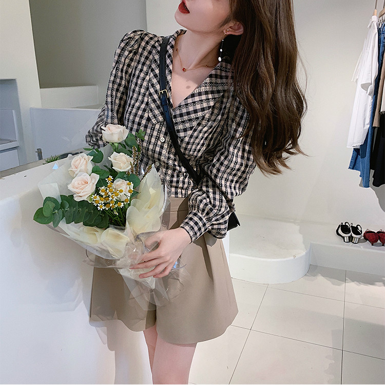 Áo kiểu nữ dài tay dáng rộng kẻ sọc ca rô phong cách retro