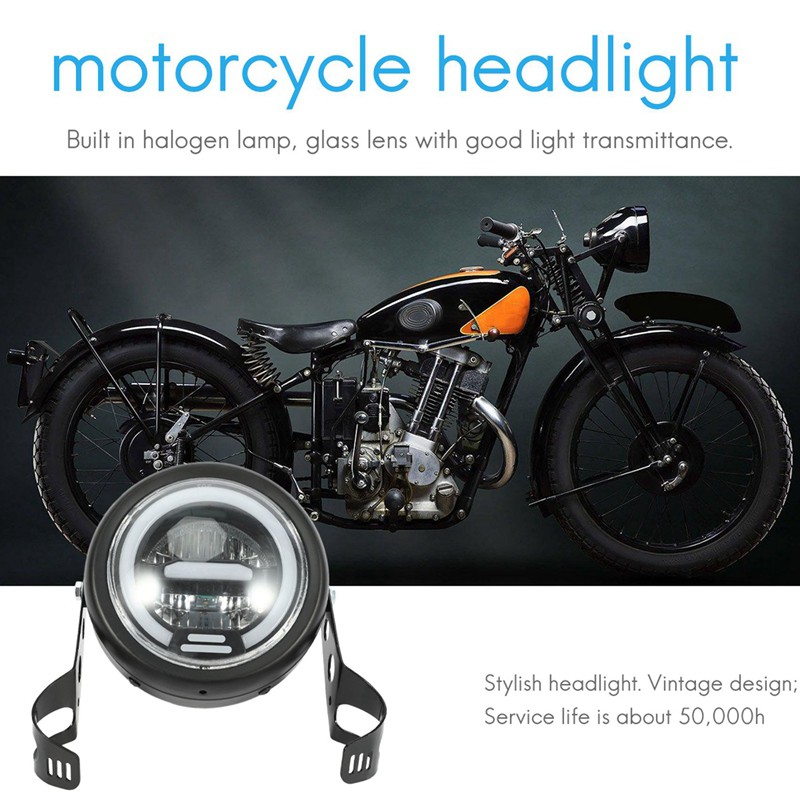 12V 6.8inch Cafe Racer Vintage Motorcycle LED lamp Distance Light Motorcycle Headlight White DRL Halo Ring+Bracket