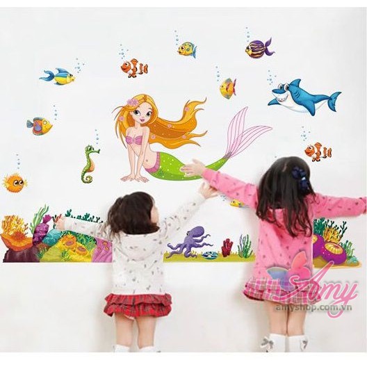 Decal dán tường Nàng tiên cá - dán phòng cho bé yêu dễ thương ngộ nghĩnh - decal có keo sẵn, bóc dán ngay AmyShop