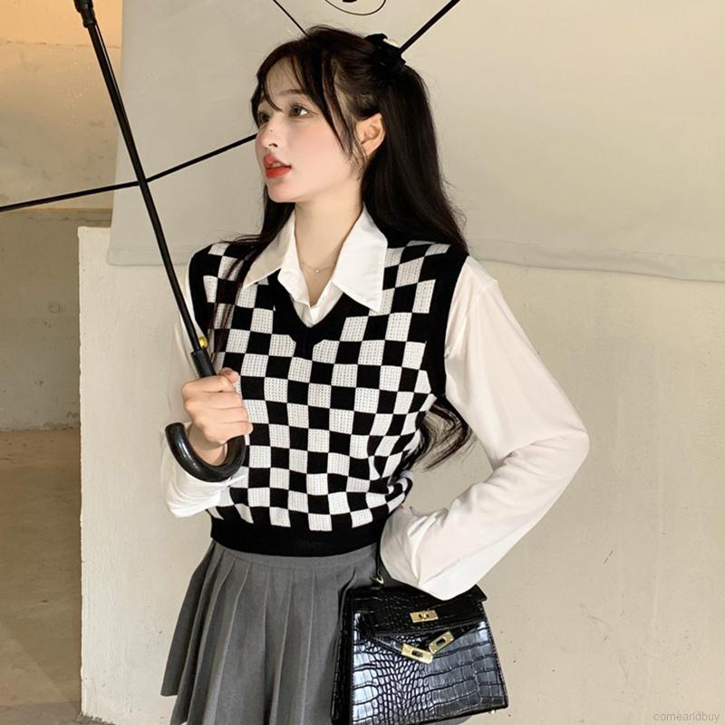 Áo len không tay cổ chữ V hoa văn kẻ ô thời trang dành cho nữ