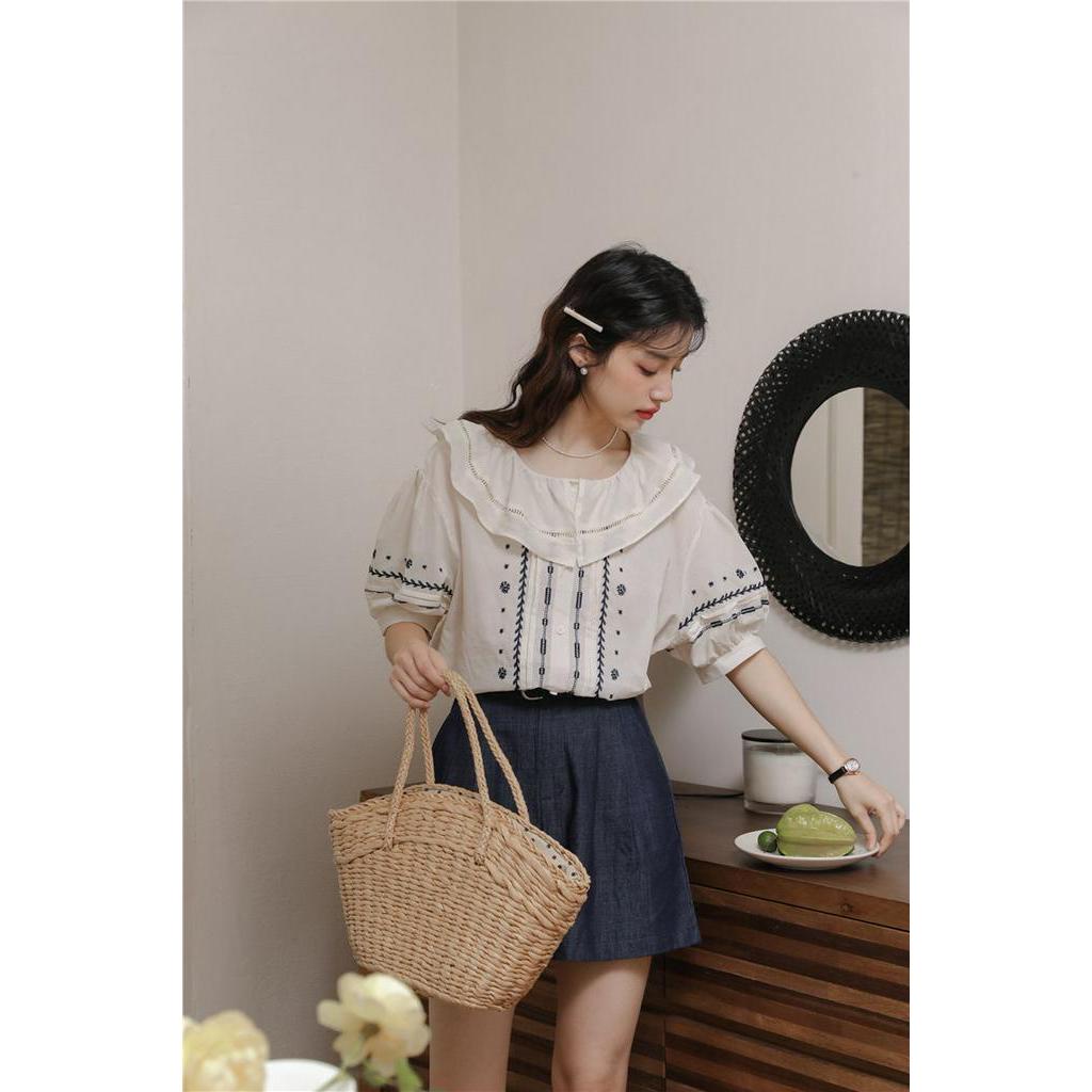 Áo Sơ Mi Ngắn Tay Họa Tiết Thêu Phong Cách Retro Mùa Hè Kiểu Mới 64213