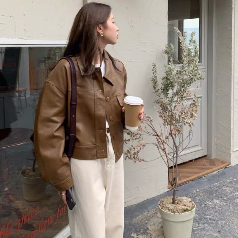 ÁO KHOÁC DA CROPTOP MÀU ĐEN NÂU NỮ JACKET FORM CHUẨN