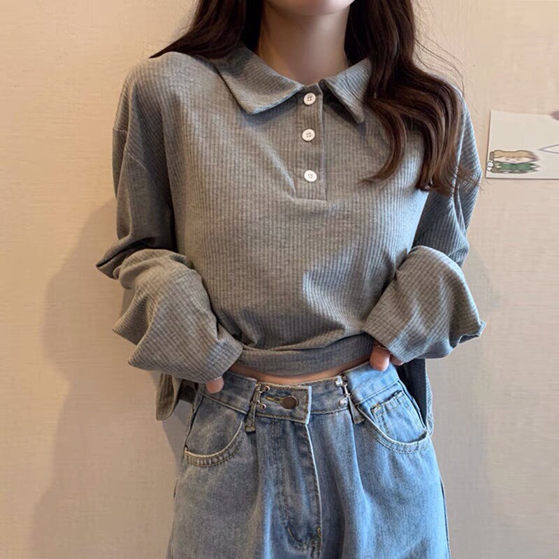 💃 Áo Thun Polo Dài Tay Dáng Suông Trơn Chất Borip Gân 2 Màu