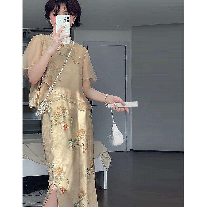 Bộ Áo + Chân Váy Sườn Xám Cách Tân Chất Liệu Chiffon Phong Cách Trung Hoa Cổ Điển Thời Trang 2022 07.28