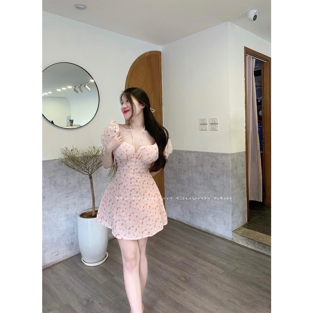 [Ảnh thật/Sẵn] Váy hoa nhí chất xốp nhăn thắt nơ ngực tay bồng (có đệm ngực)