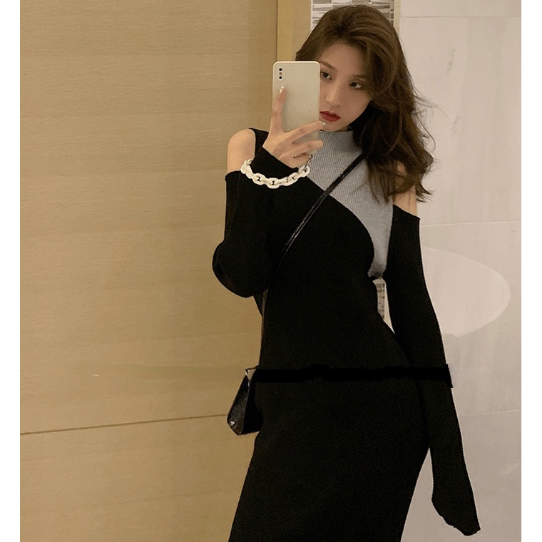 Đầm midi SUXI cổ cao tay dài thiết kế hở vai phong cách Hàn Quốc thời trang mới